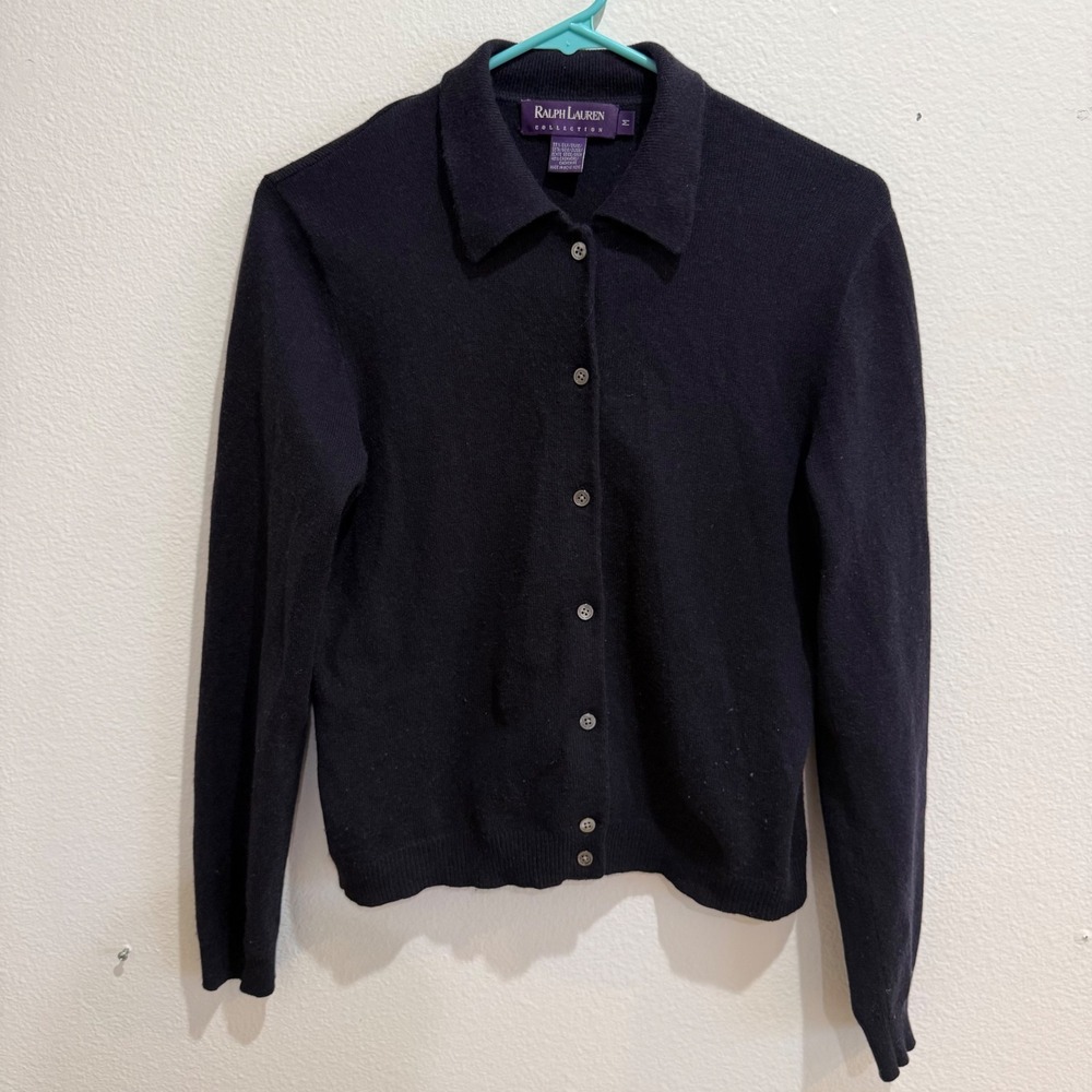 Ralph Lauren Collection Silk Cashmere Cardigan Navy Blue Polo Collar Sweater M